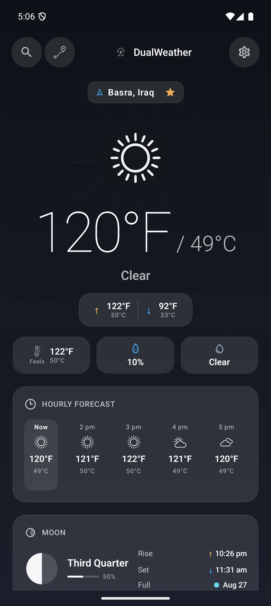 Android hero forecast showing 120 degrees Fahrenheit and 49 degrees Celsius side by side