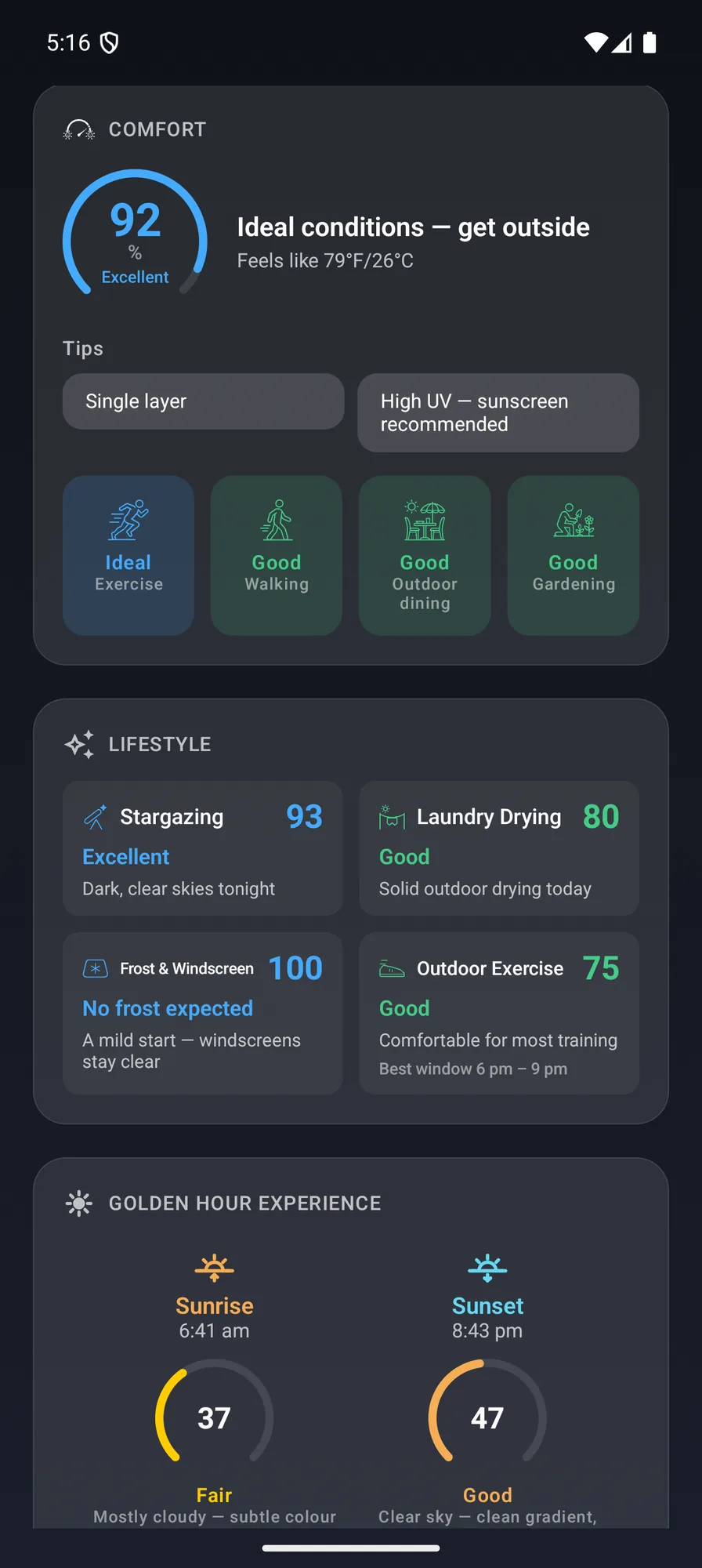 Android comfort score with activity guidance and clothing tips