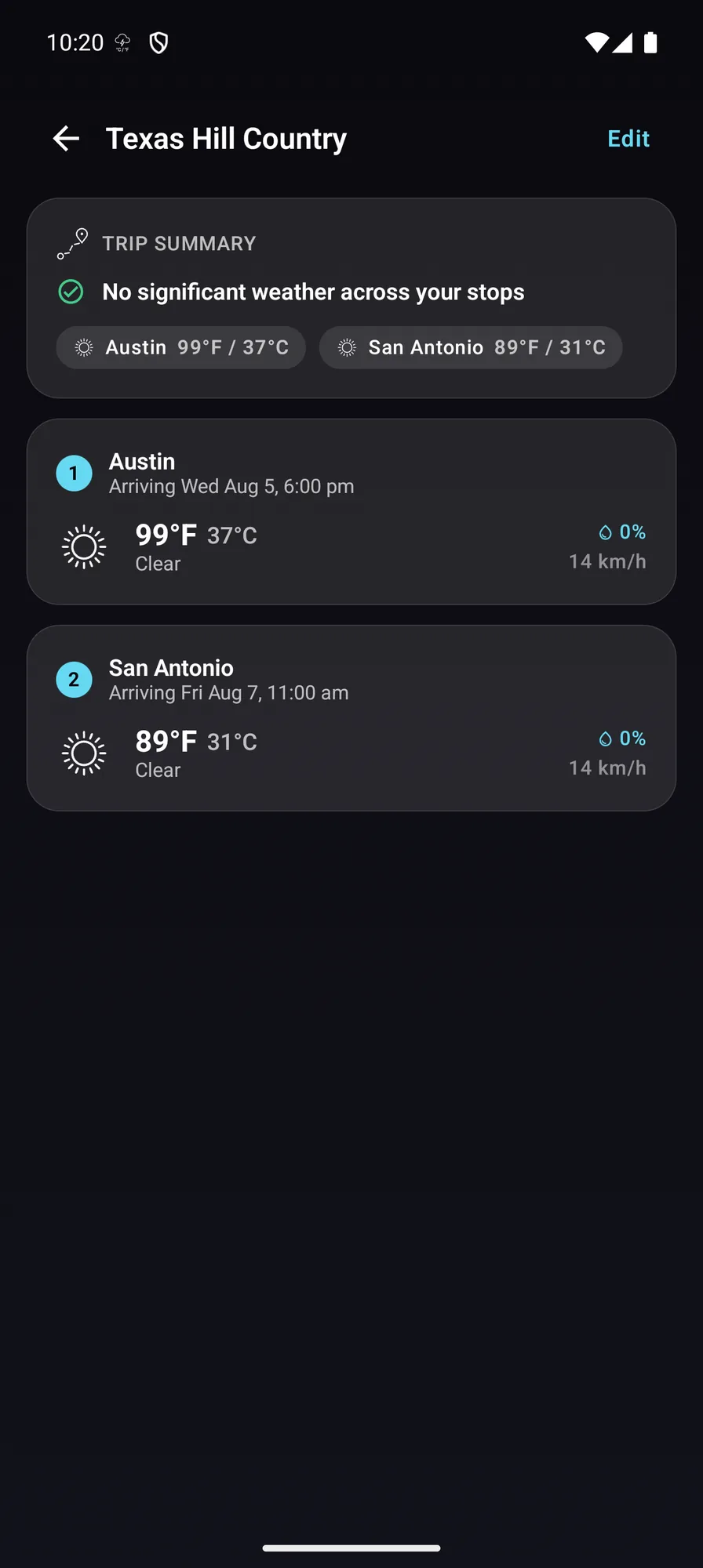 Android trip planner with per-stop weather and arrival times