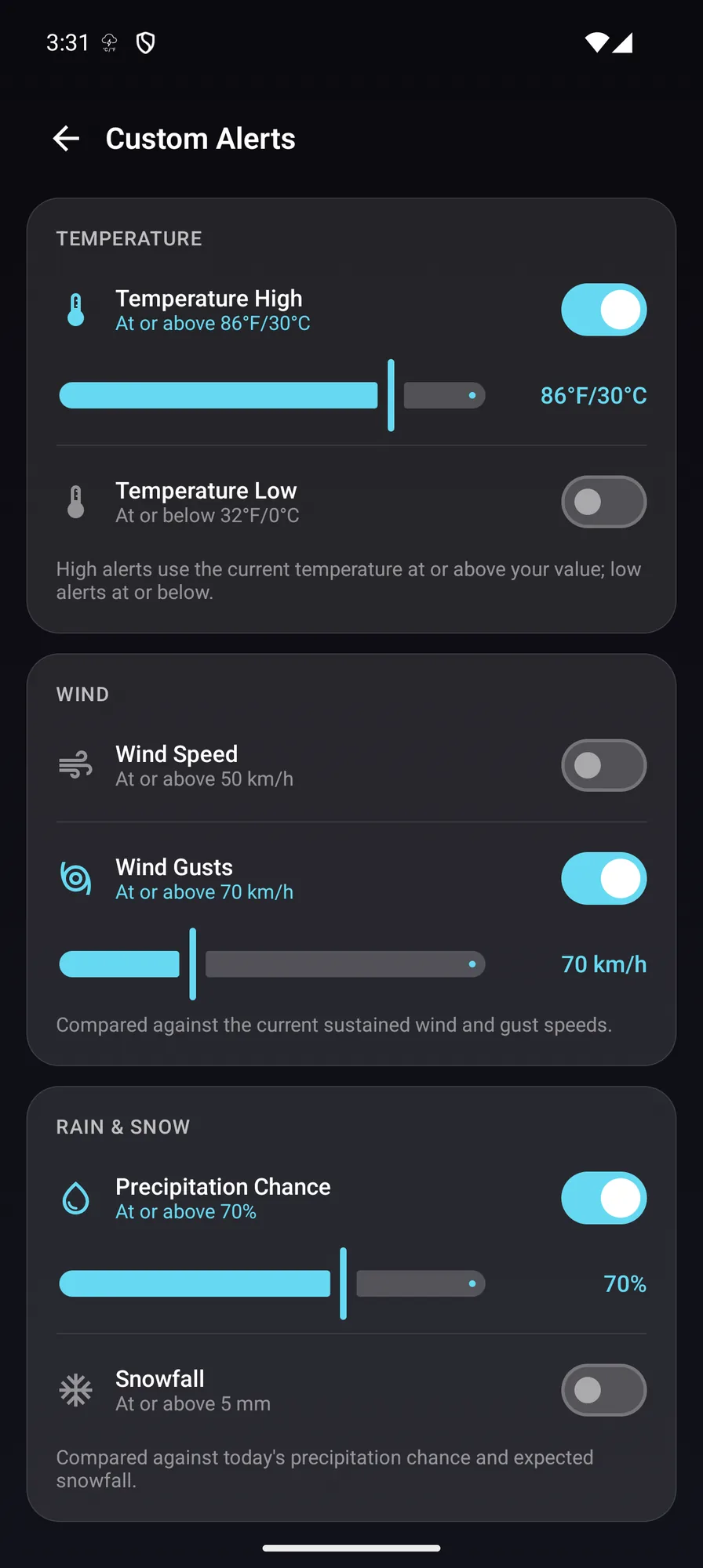Android custom alert thresholds with dual-unit temperature sliders alongside wind and precipitation triggers