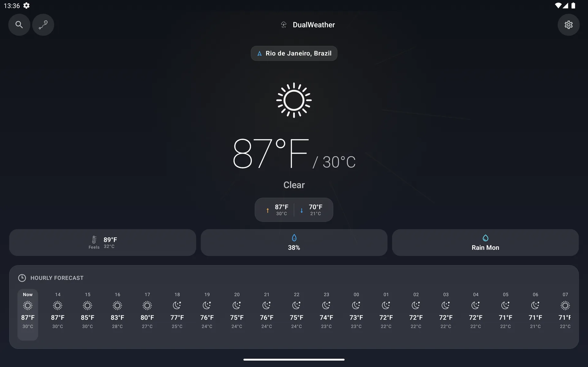 Android tablet hero forecast with a full dual-unit hourly strip