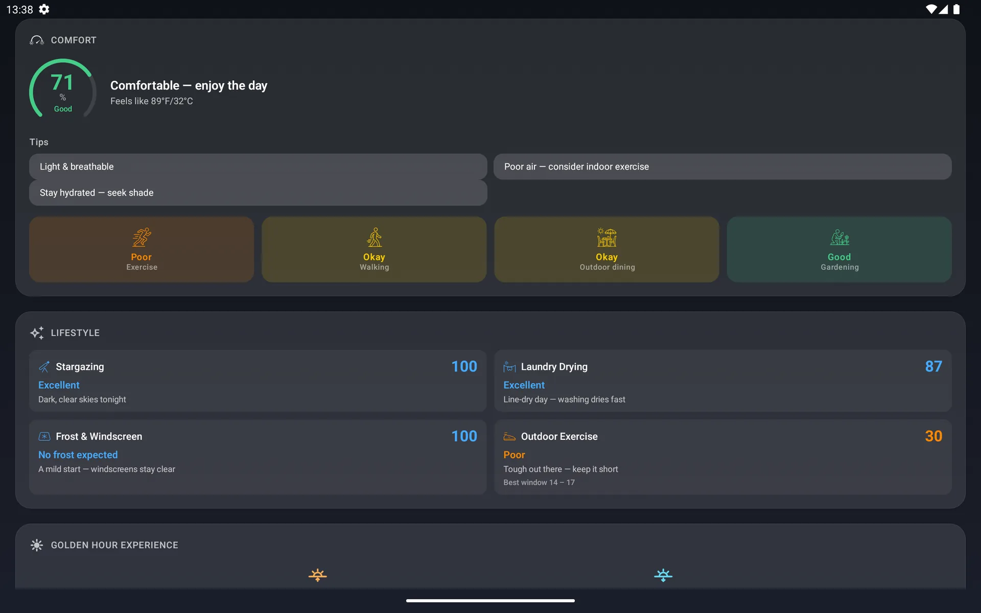 Android tablet comfort score alongside lifestyle indexes and golden hour