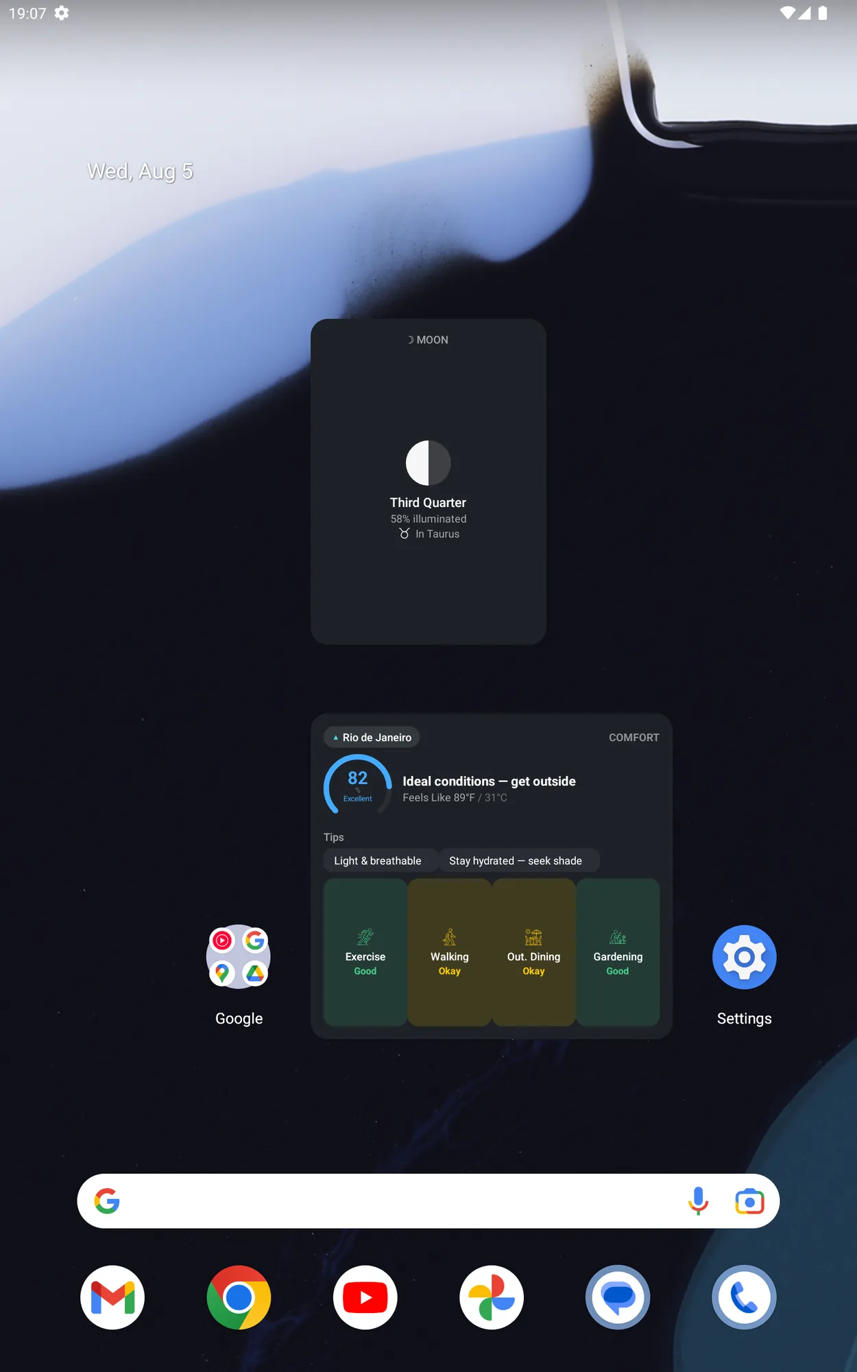 Android tablet Home Screen with moon phase and comfort DualWeather widgets