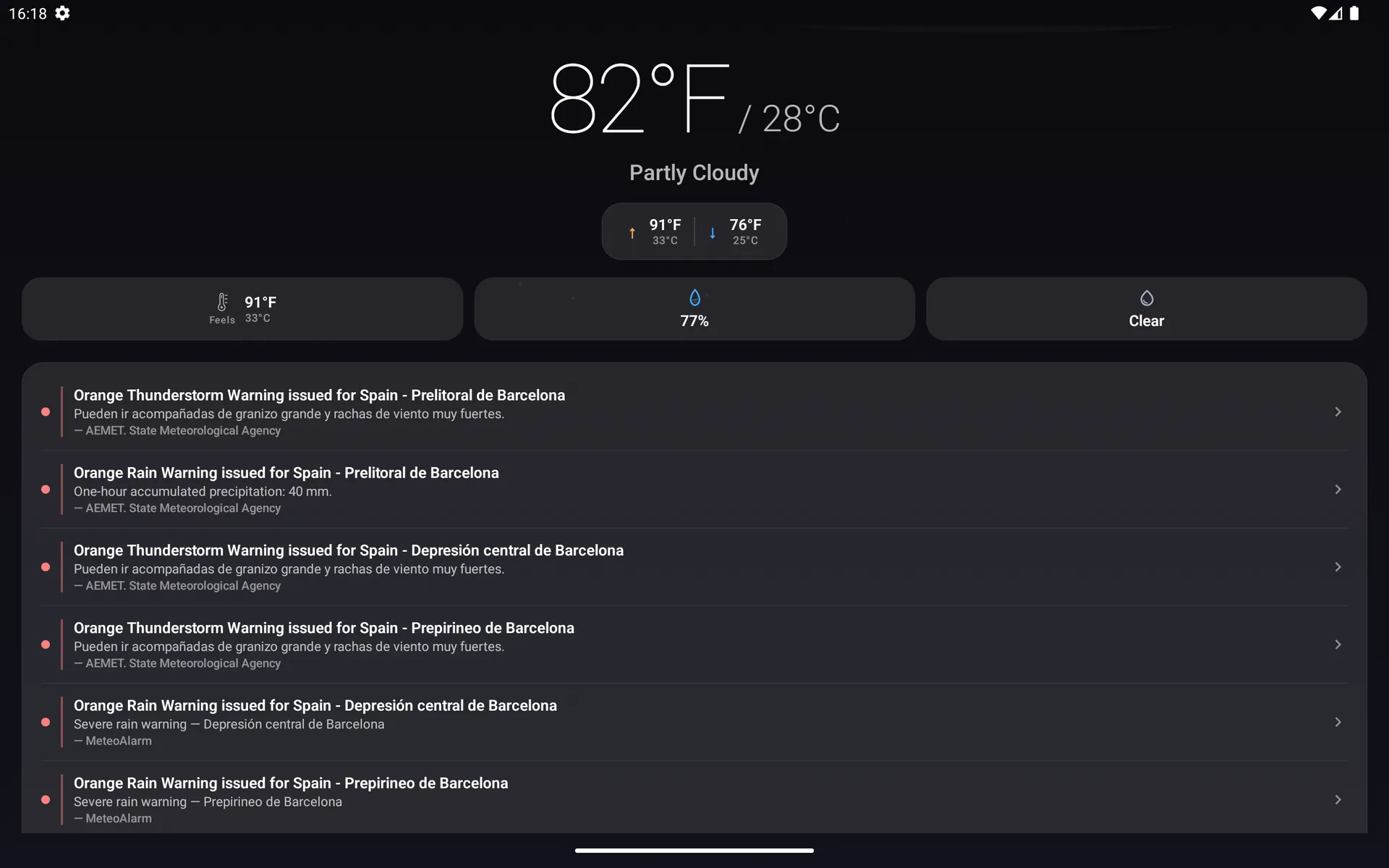 Android tablet showing six severe weather warnings, each naming the meteorological agency that issued it