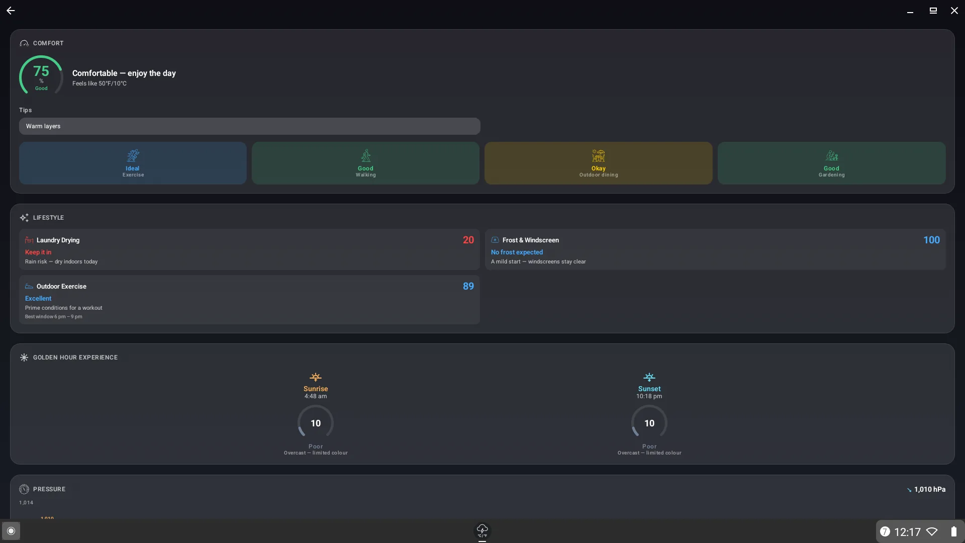DualWeather on a Chromebook showing lifestyle indexes and golden hour ratings