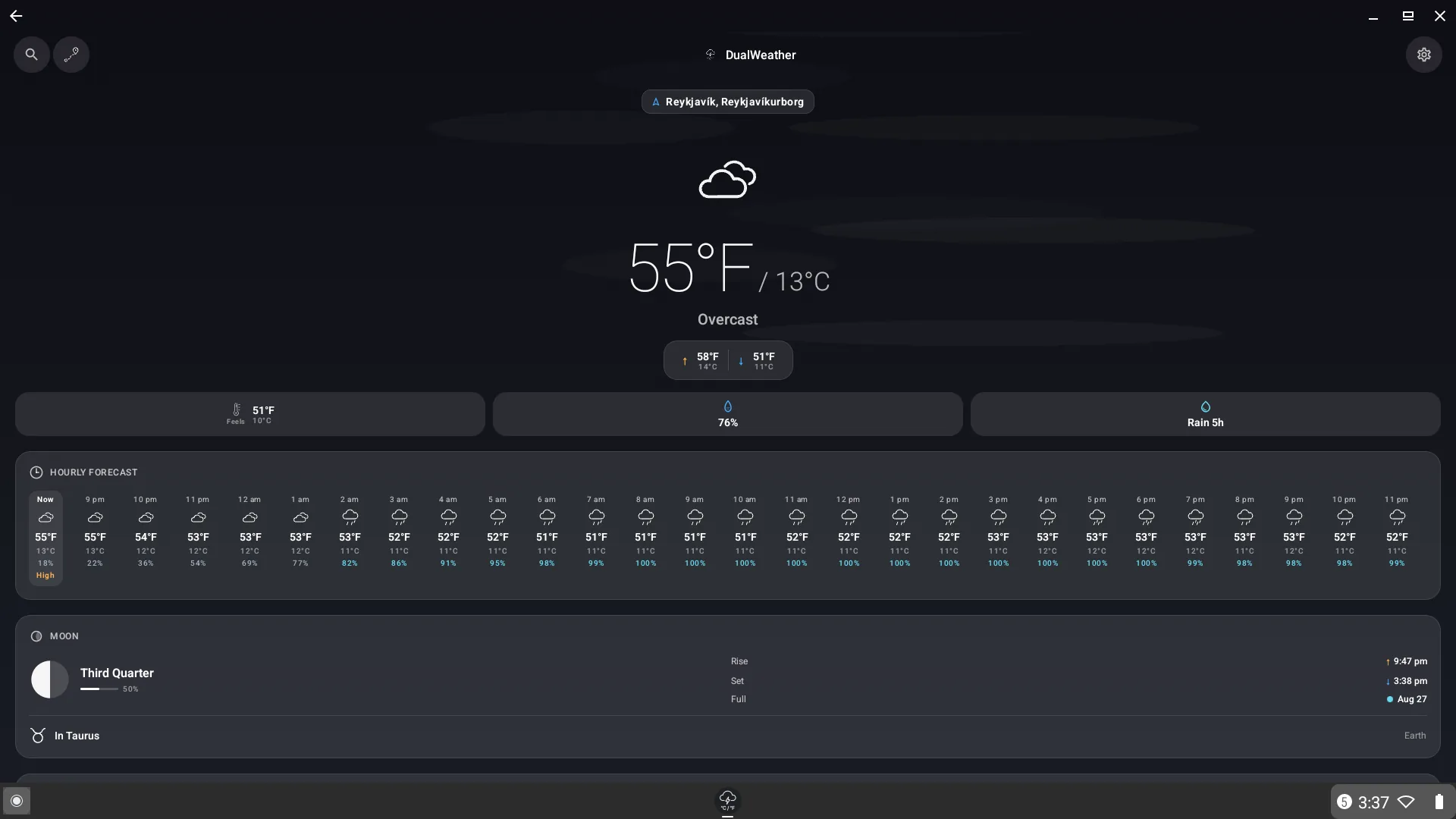 DualWeather on a Chromebook showing 55 degrees Fahrenheit and 13 degrees Celsius above a full 28-hour dual-unit hourly strip