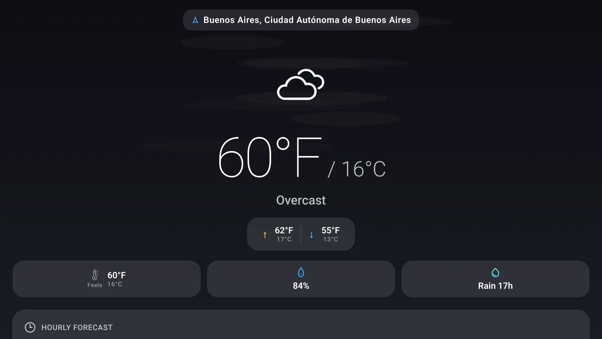 DualWeather on Google TV showing 60 degrees Fahrenheit and 16 degrees Celsius with feels-like, precipitation and rain timing