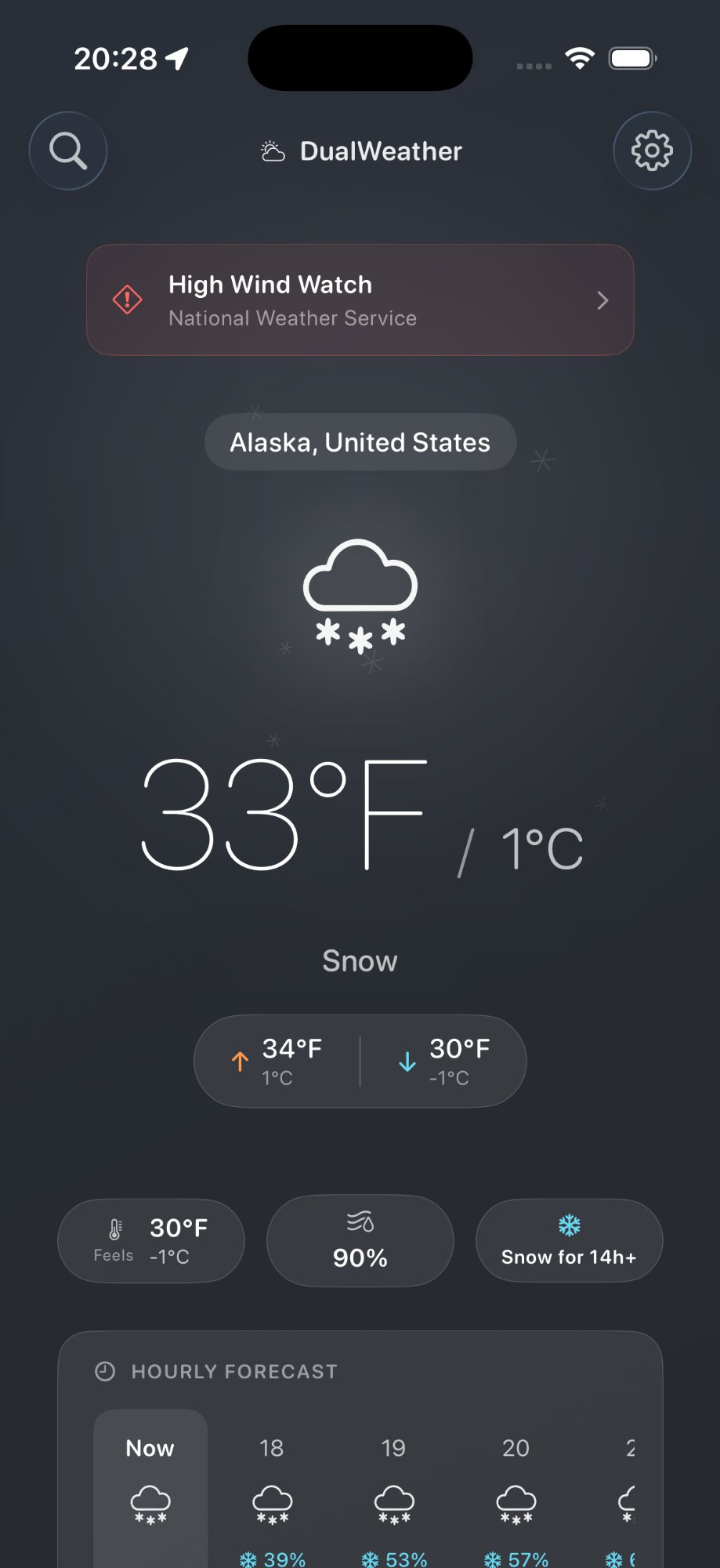 Snow in Alaska with dual temperature display