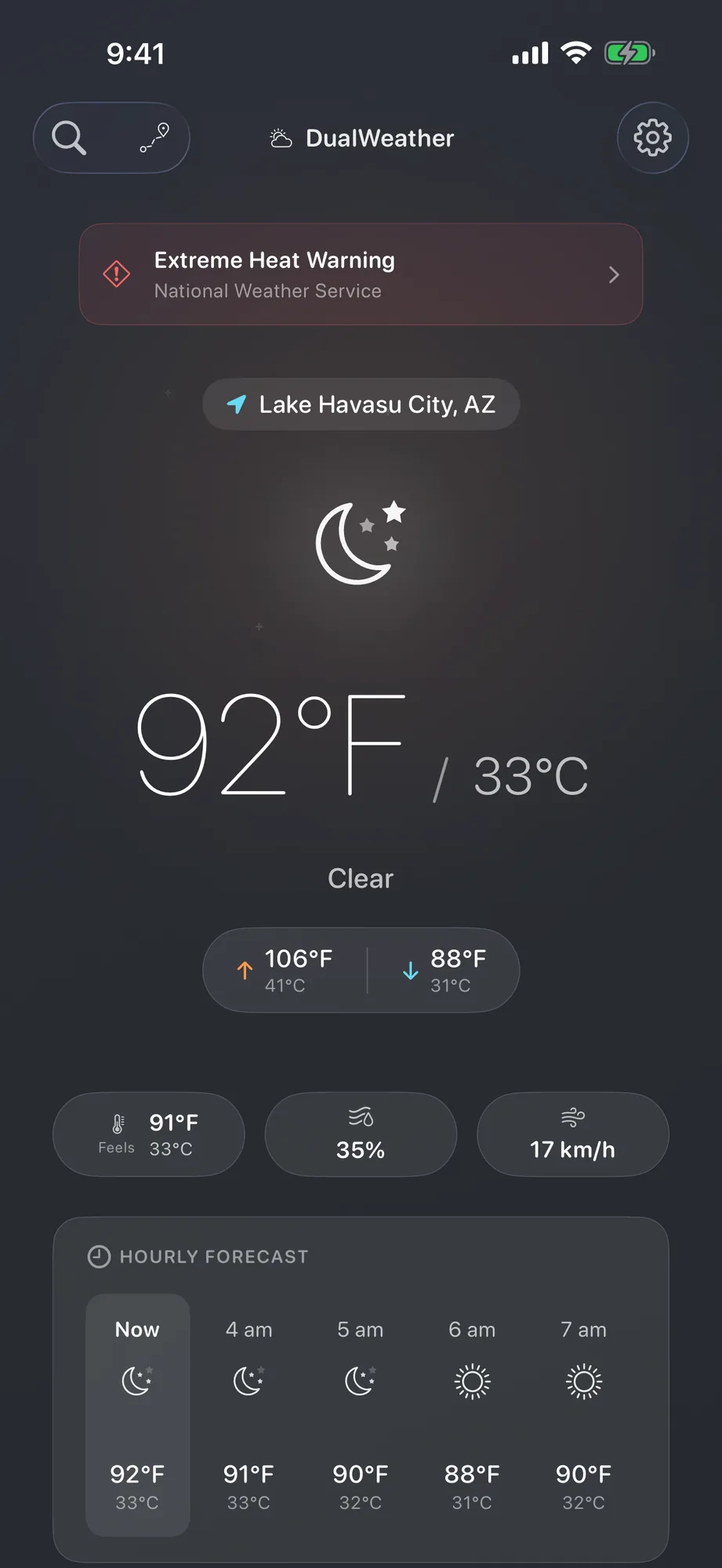 iPhone extreme heat warning banner above a dual-unit forecast