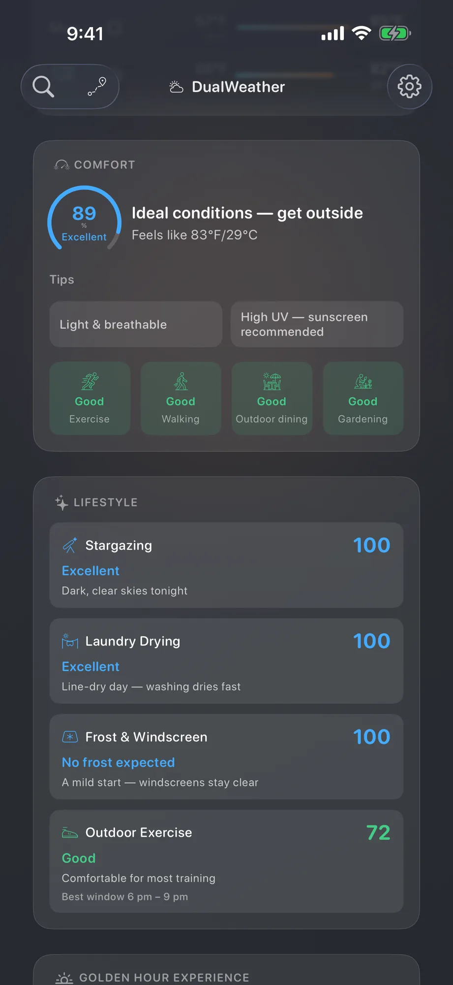 iPhone comfort score with activity guidance and clothing tips