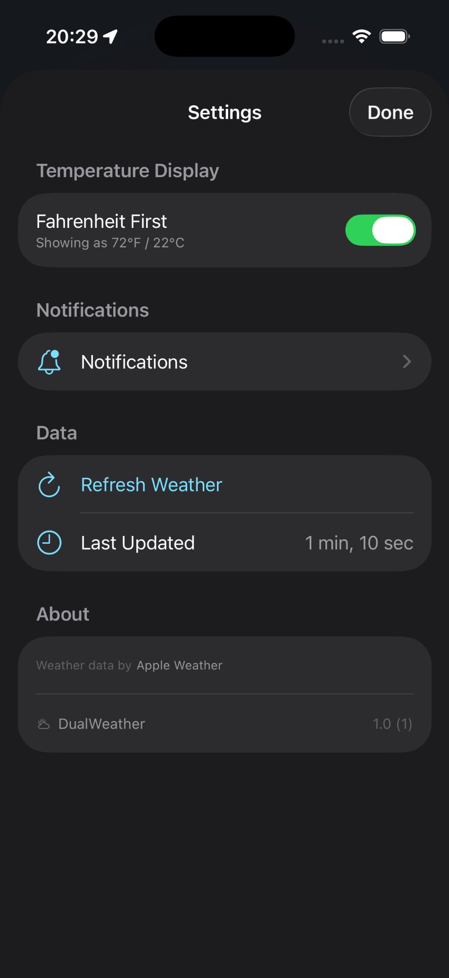 Settings with temperature display options