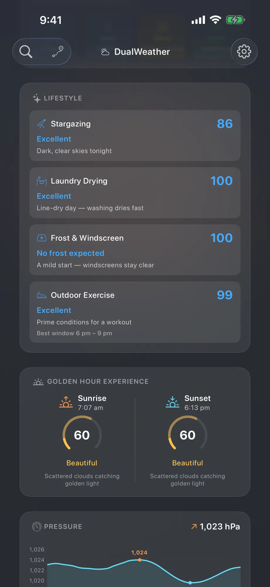 iPhone lifestyle indexes for stargazing, laundry, frost and exercise