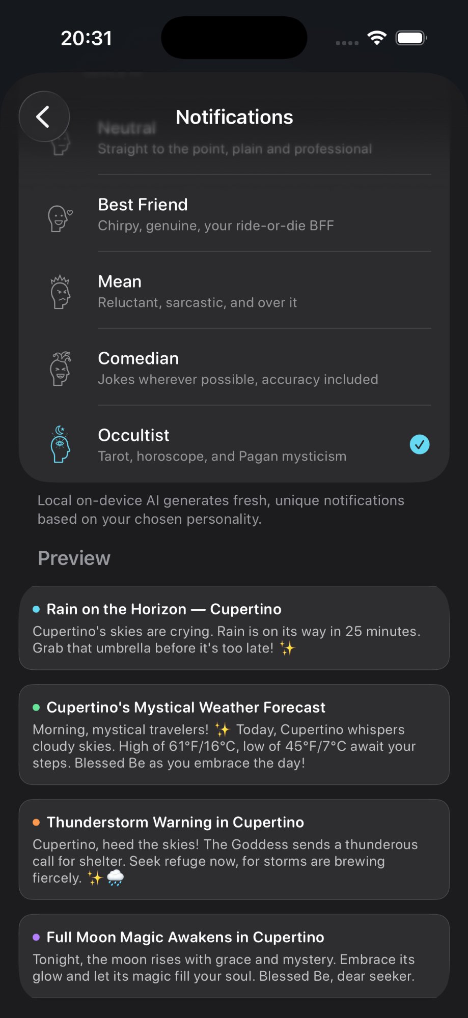 Notification personalities with previews