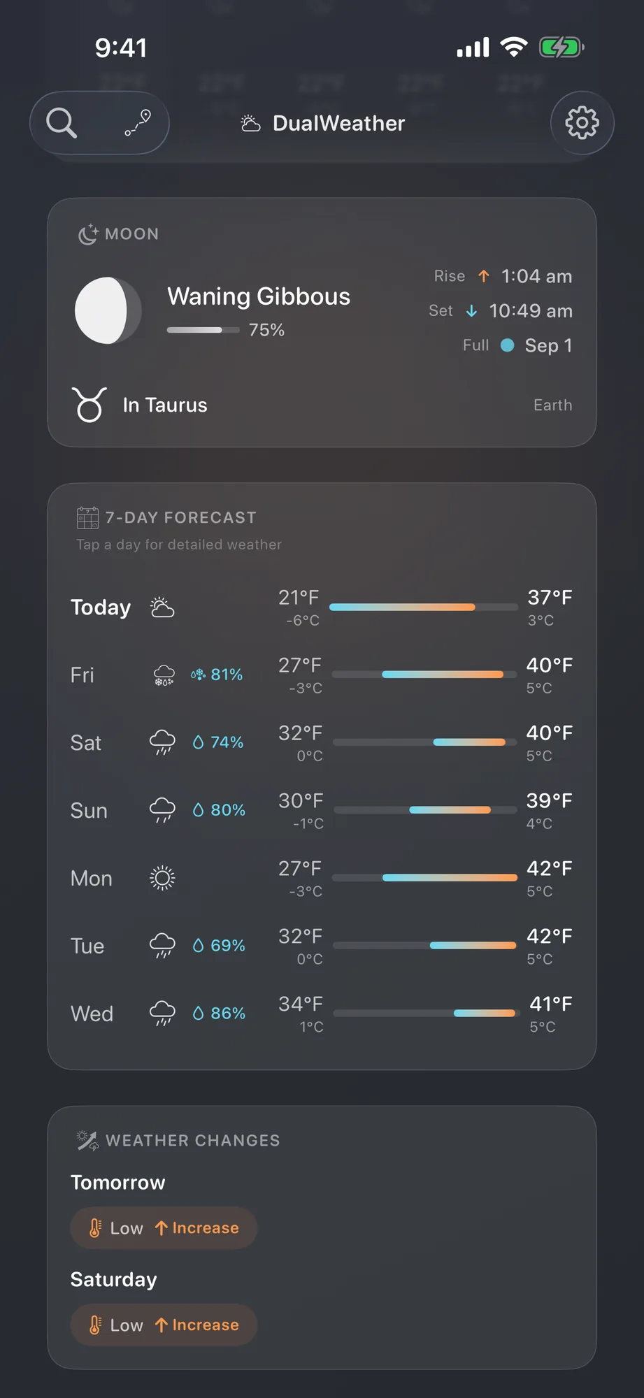 iPhone moon phase card above a seven-day forecast in both units