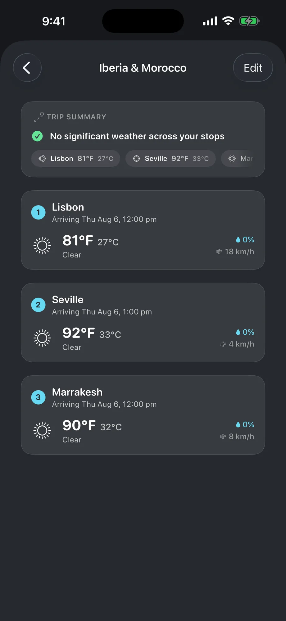 iPhone trip planner with per-stop weather and arrival times