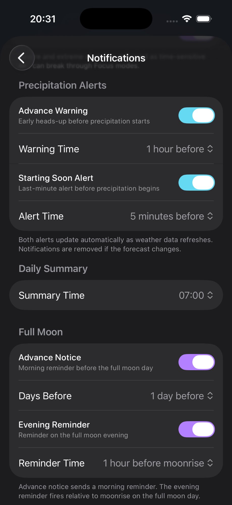 Precipitation and full moon notification settings