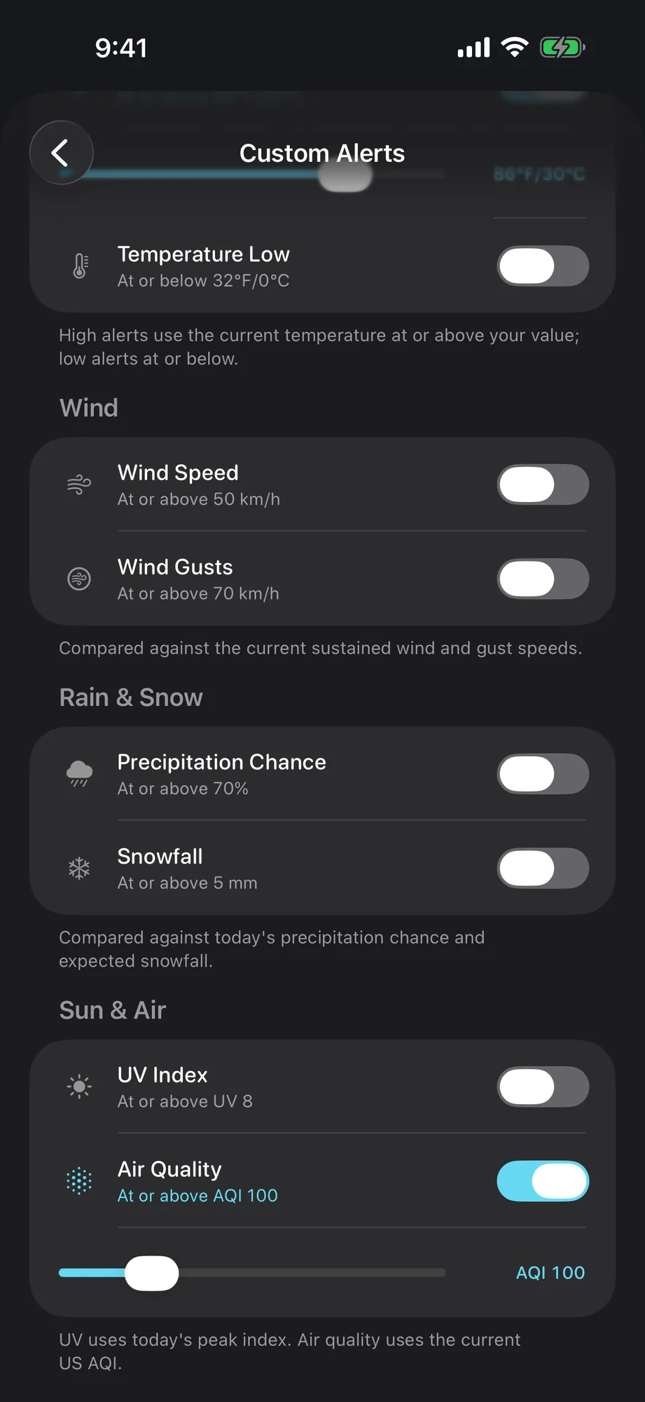 iPhone custom alert thresholds with dual-unit temperature sliders
