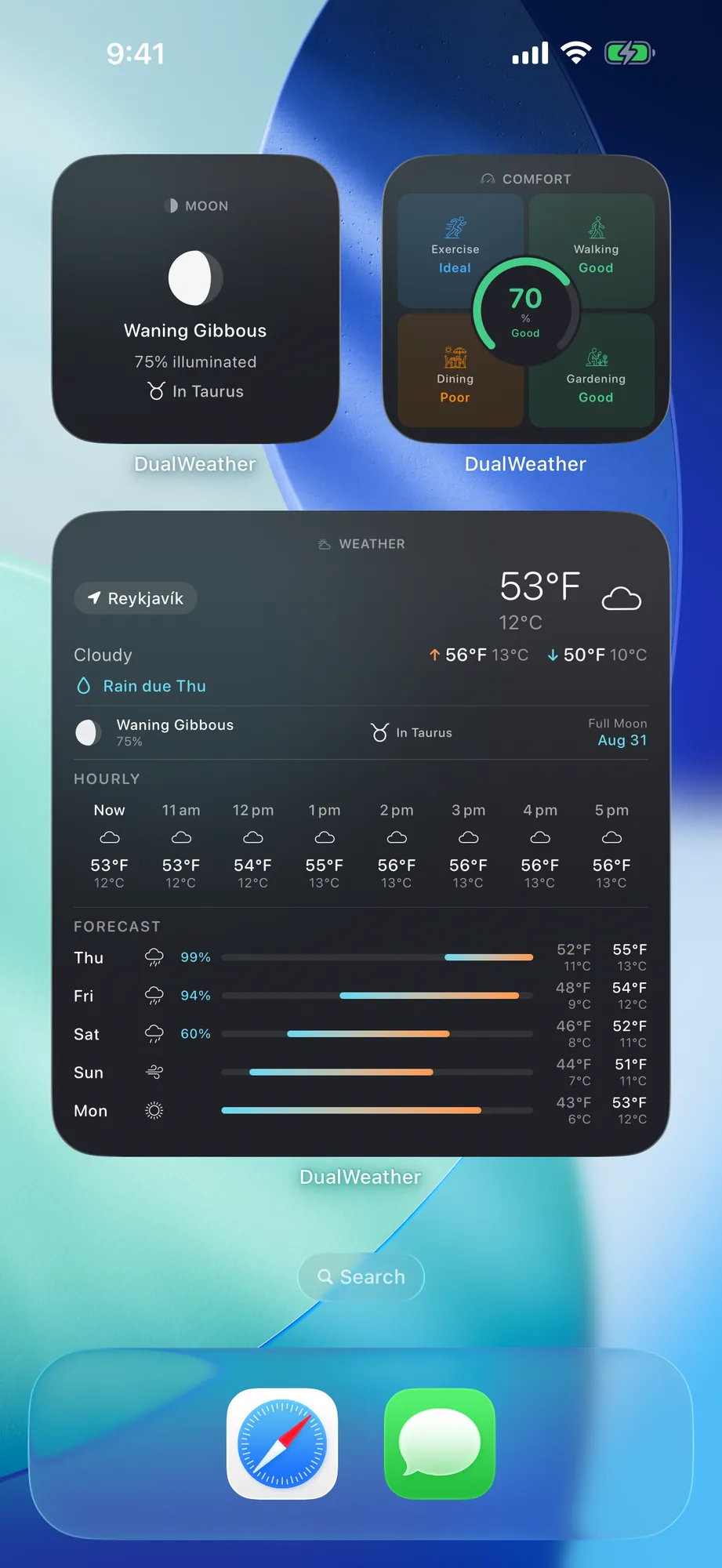 iPhone Home Screen with large, comfort and moon DualWeather widgets