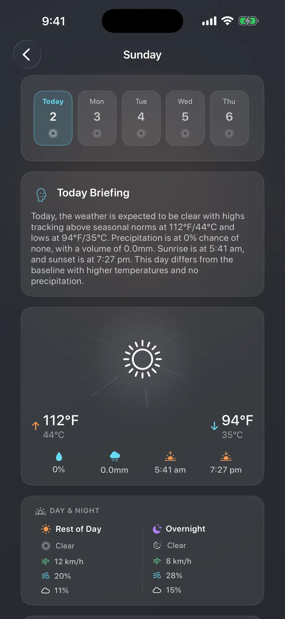 iPhone day detail with a written briefing and a day and night split