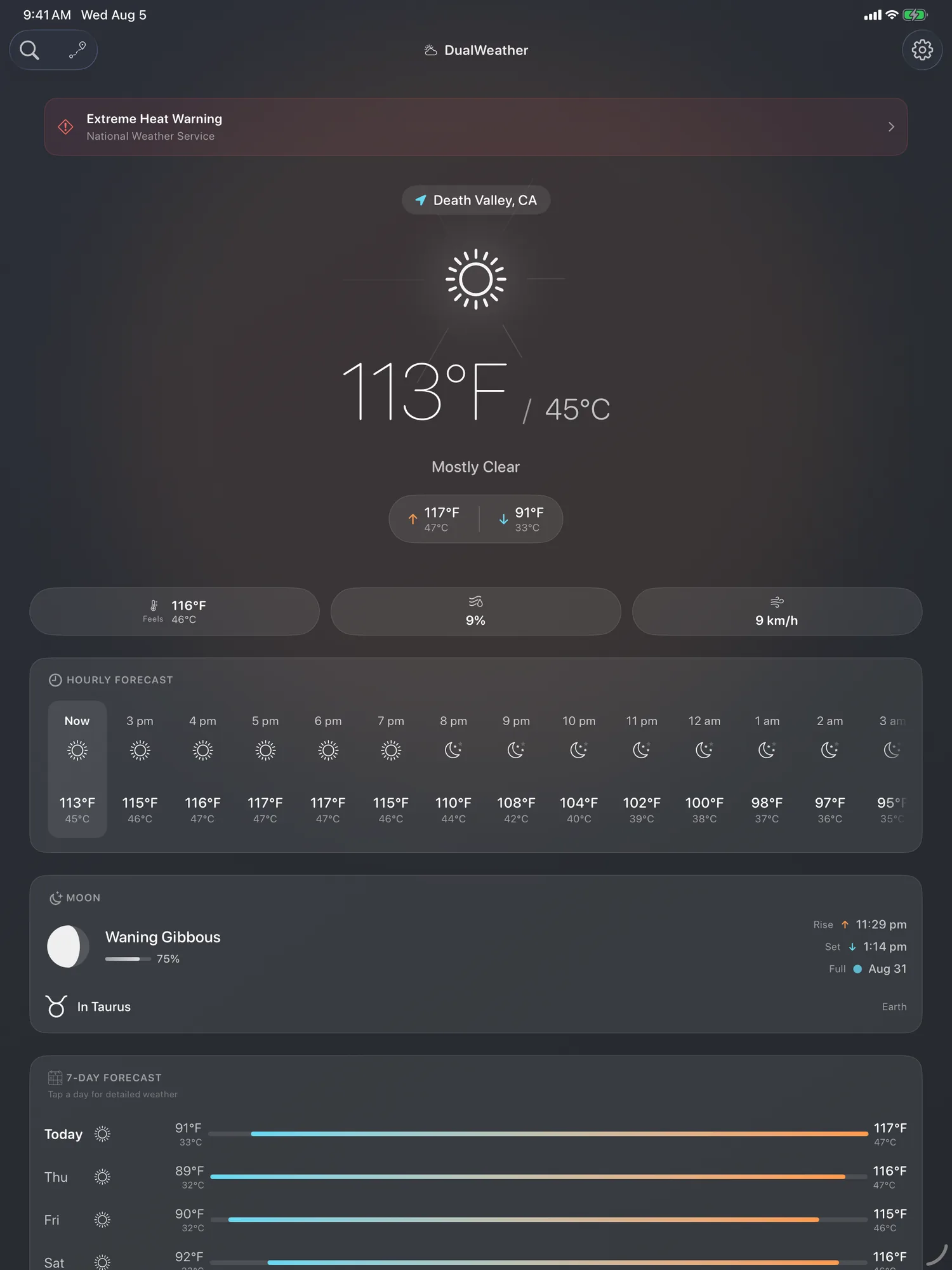 iPad forecast in extreme heat showing 119 degrees Fahrenheit and 49 degrees Celsius