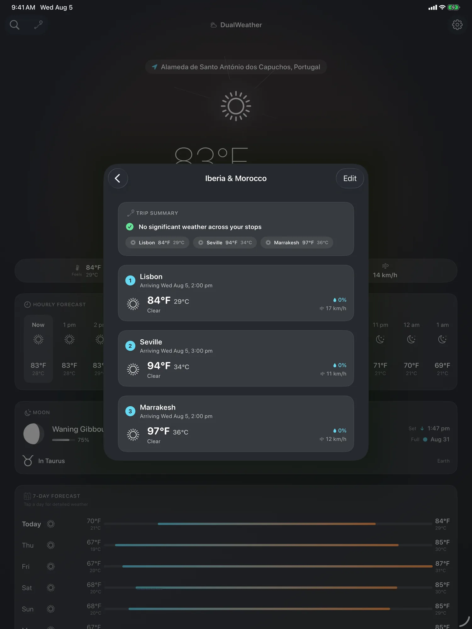 iPad trip planner with three stops and per-zone arrival times