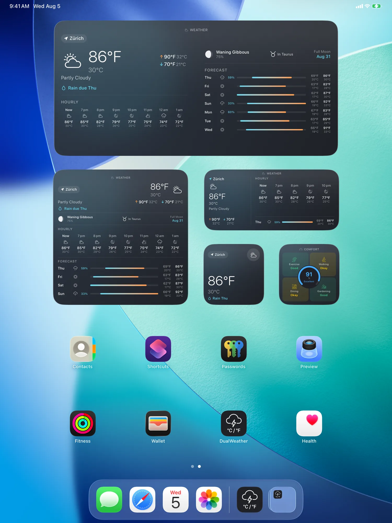 iPad Home Screen with extra large, large, medium and small DualWeather widgets