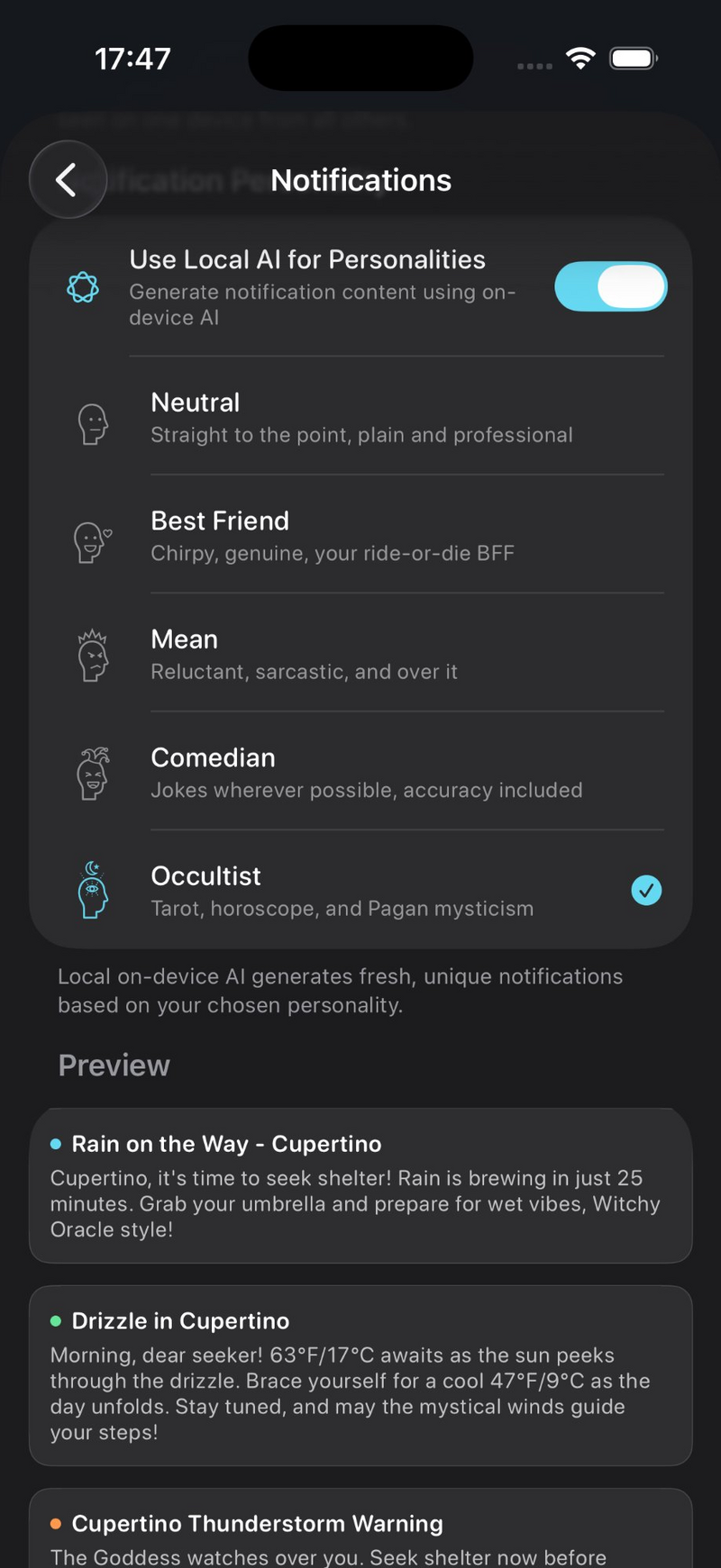 Notification personalities