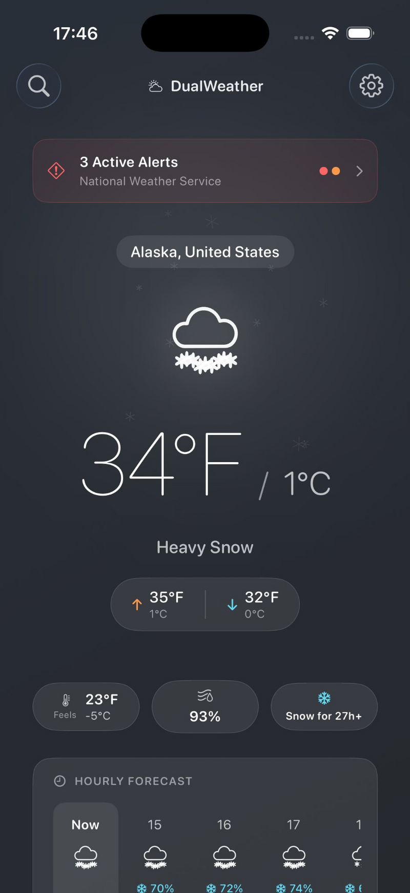 Heavy snow in Alaska with dual temperature display