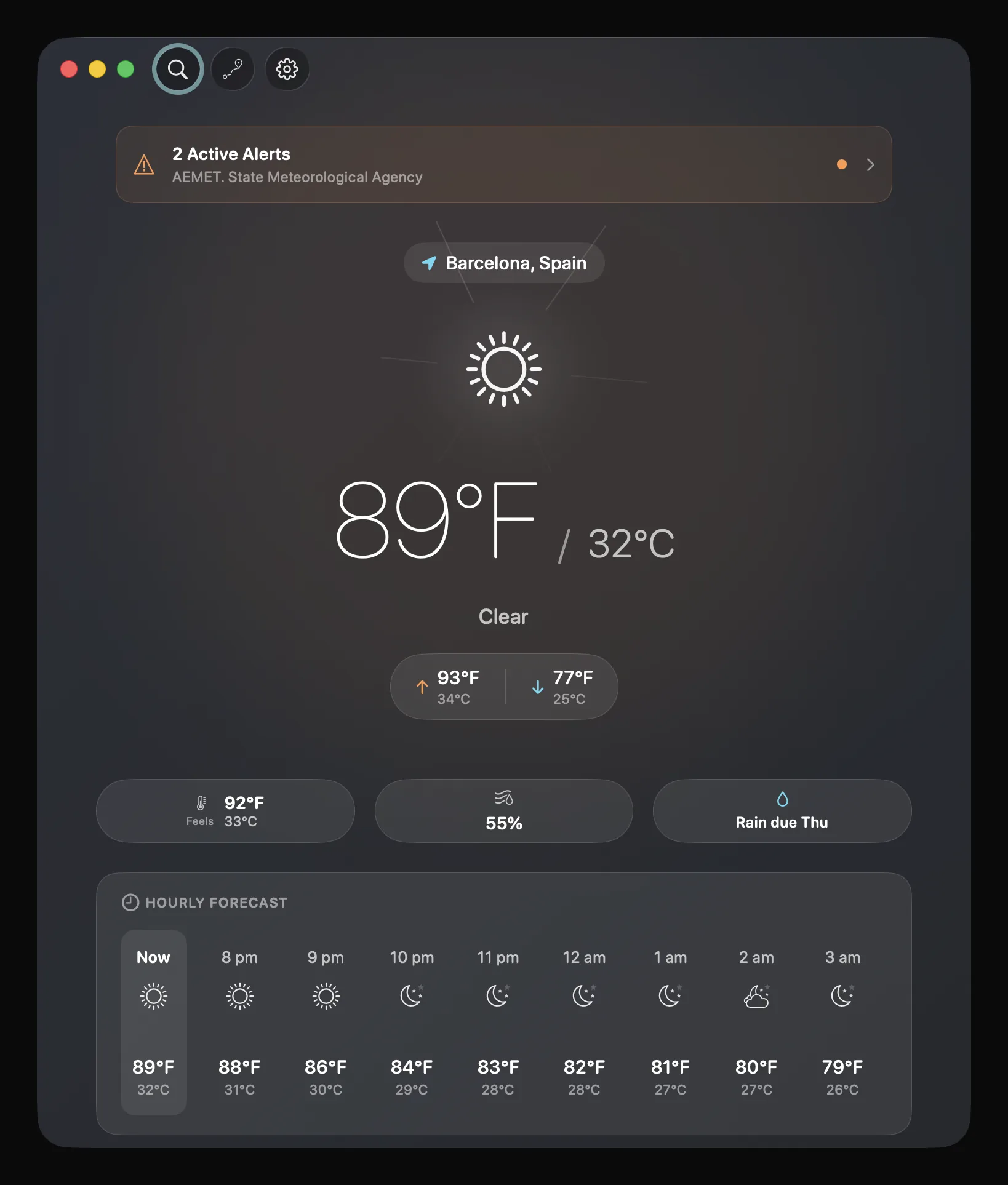 DualWeather on macOS showing 89 degrees Fahrenheit and 32 degrees Celsius beneath an active agency alert