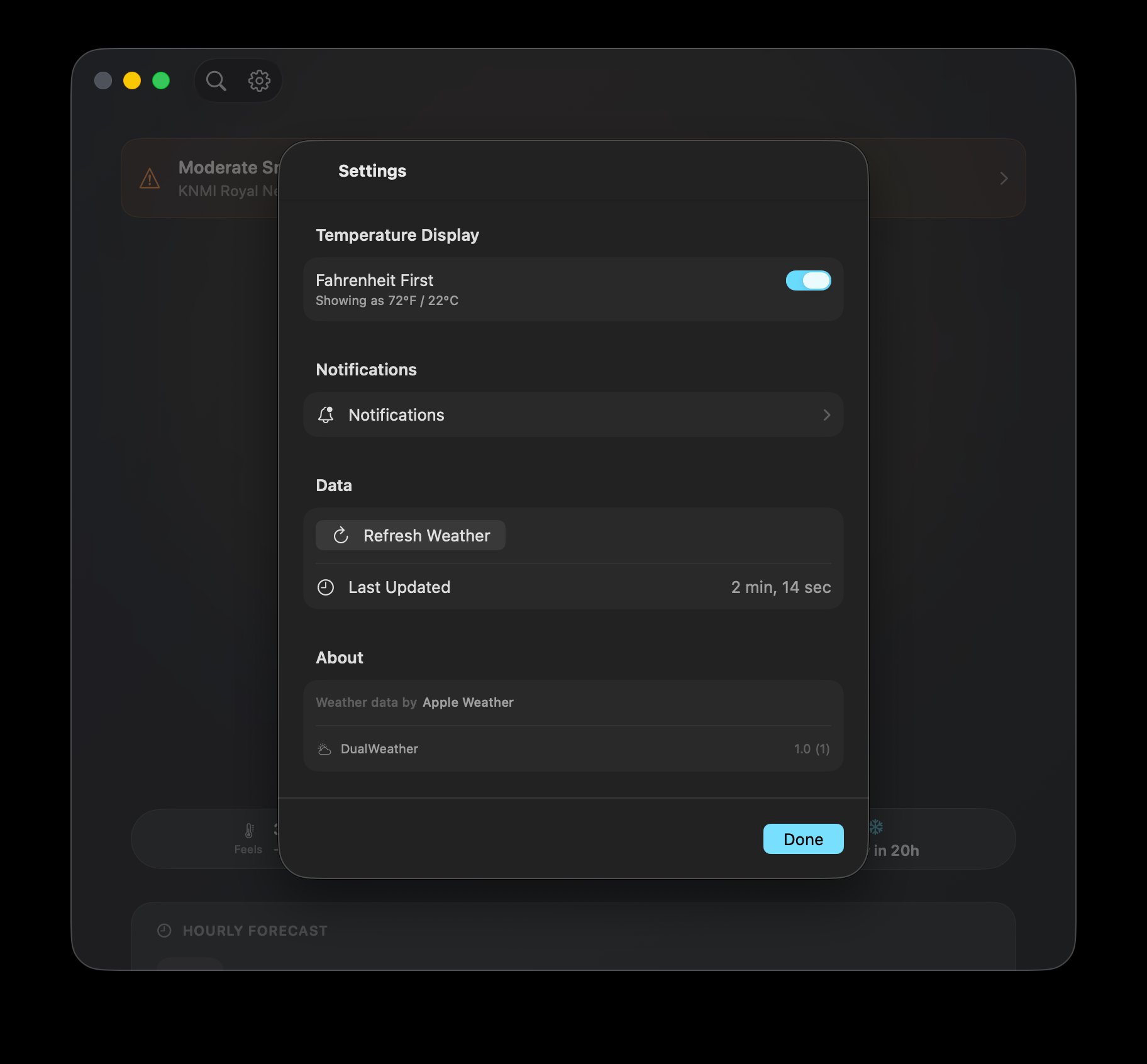 Settings with temperature display options