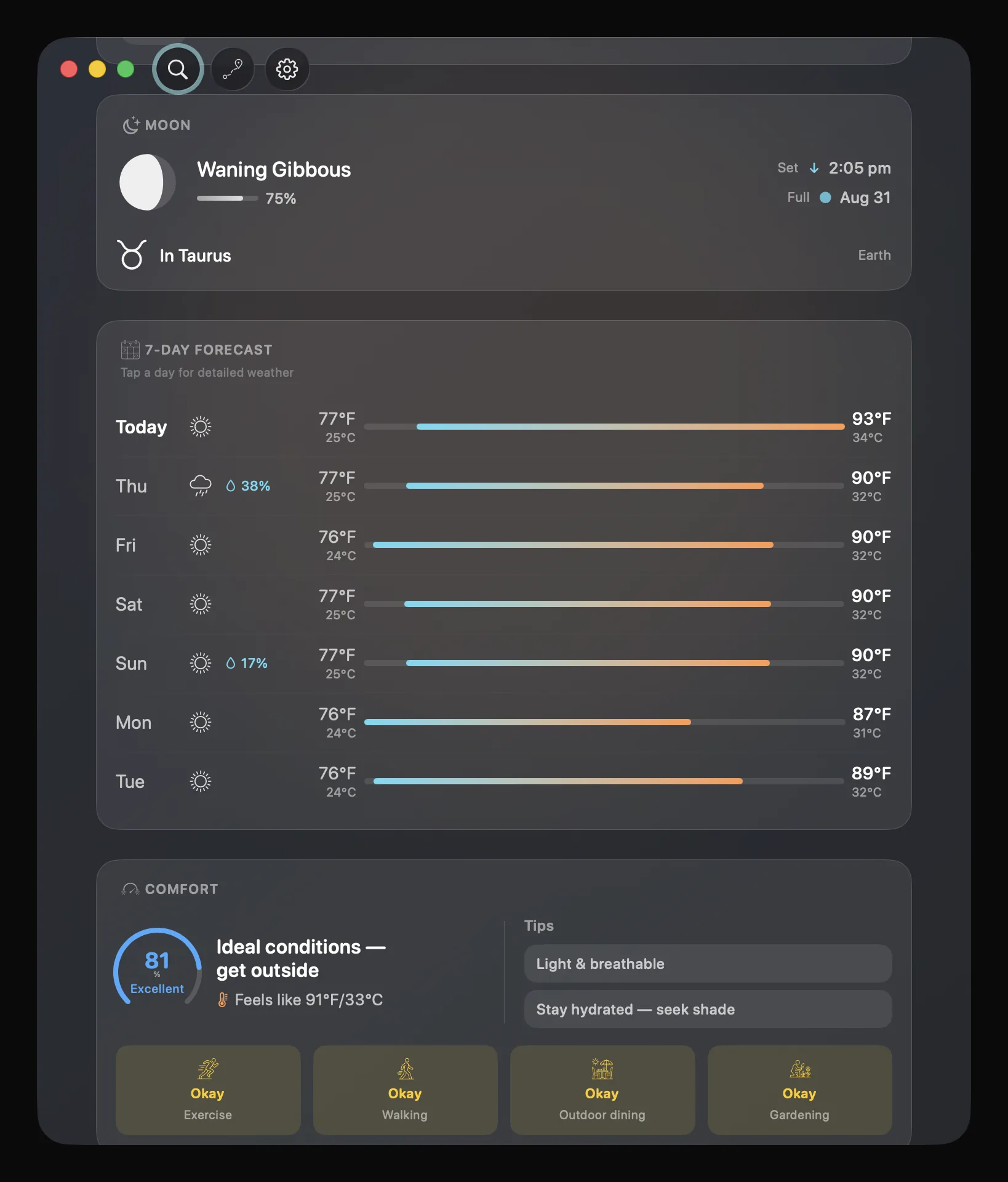 DualWeather on macOS showing the moon phase above a seven-day forecast in both units