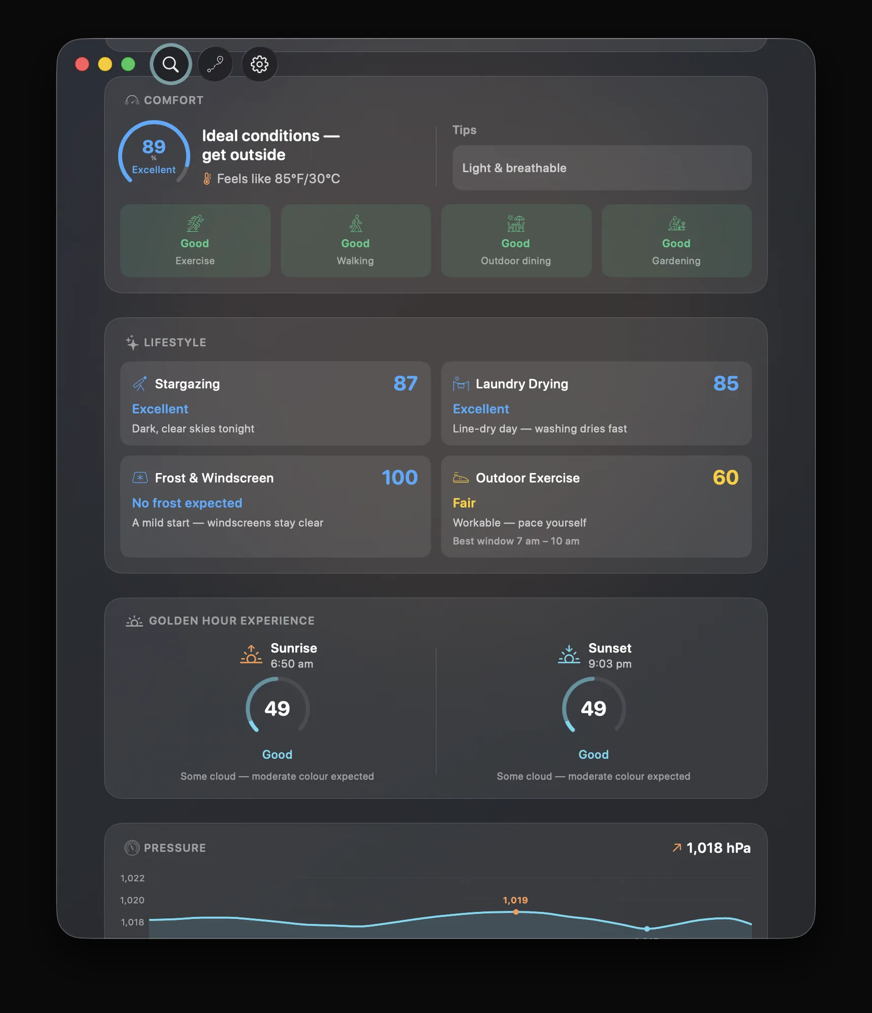 DualWeather on macOS showing the comfort score above lifestyle indexes and golden hour