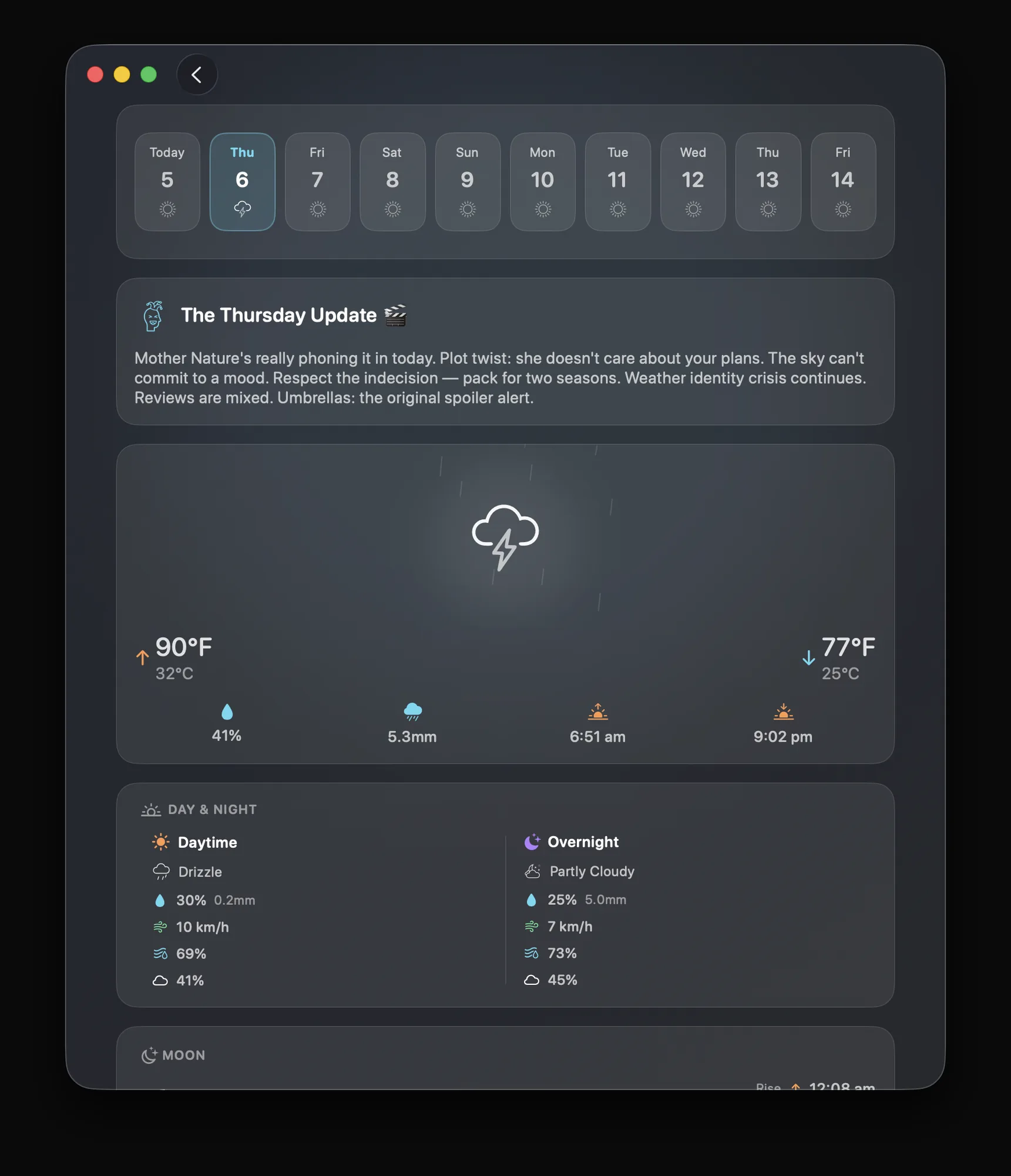 DualWeather on macOS showing a day detail with a written briefing and a day and night split