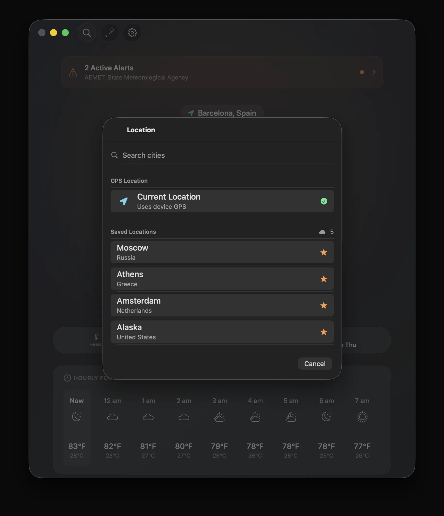 DualWeather on macOS showing the location picker with current location and iCloud-synced saved cities