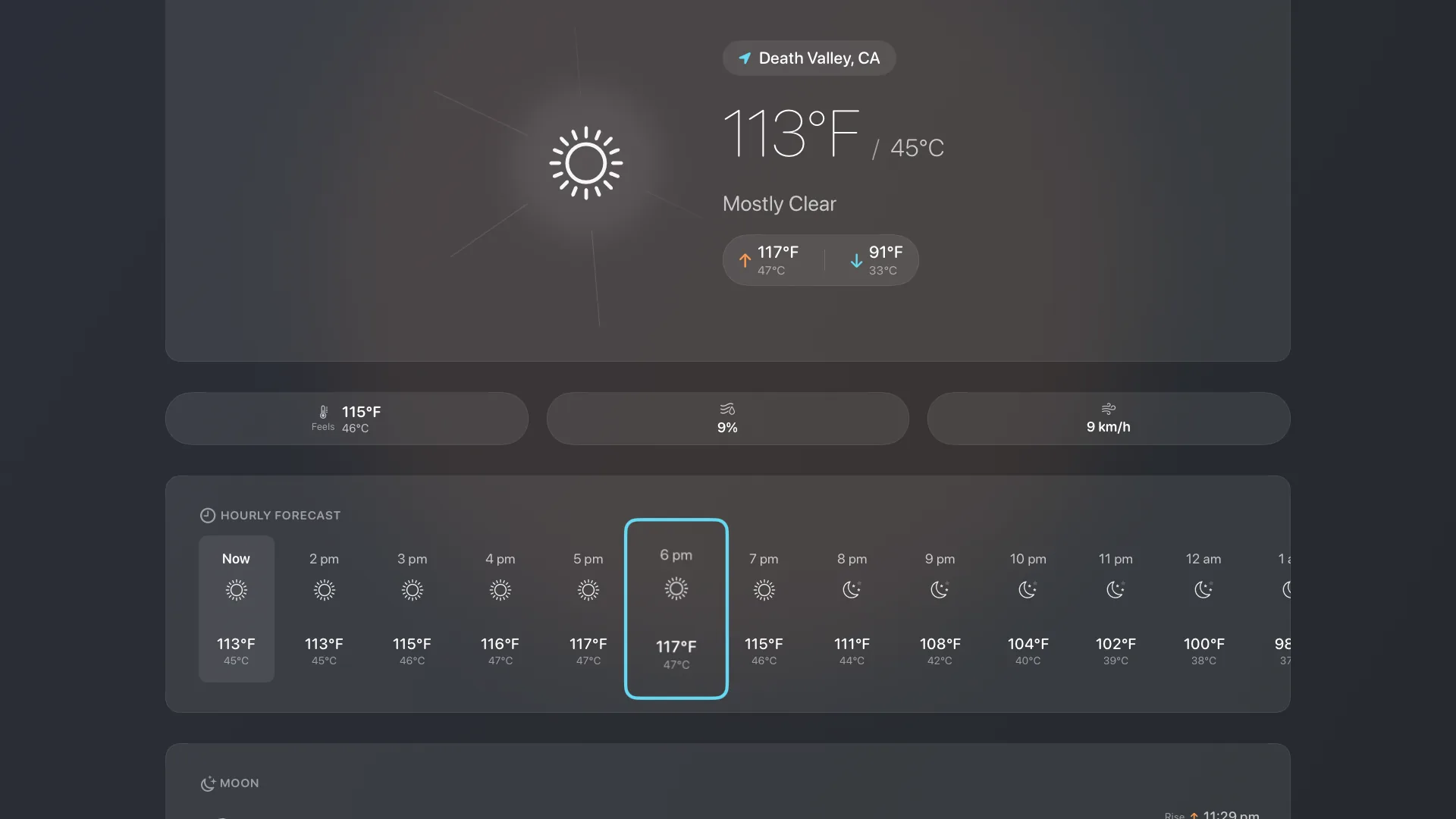 Apple TV forecast in extreme heat showing 117 degrees Fahrenheit and 47 degrees Celsius