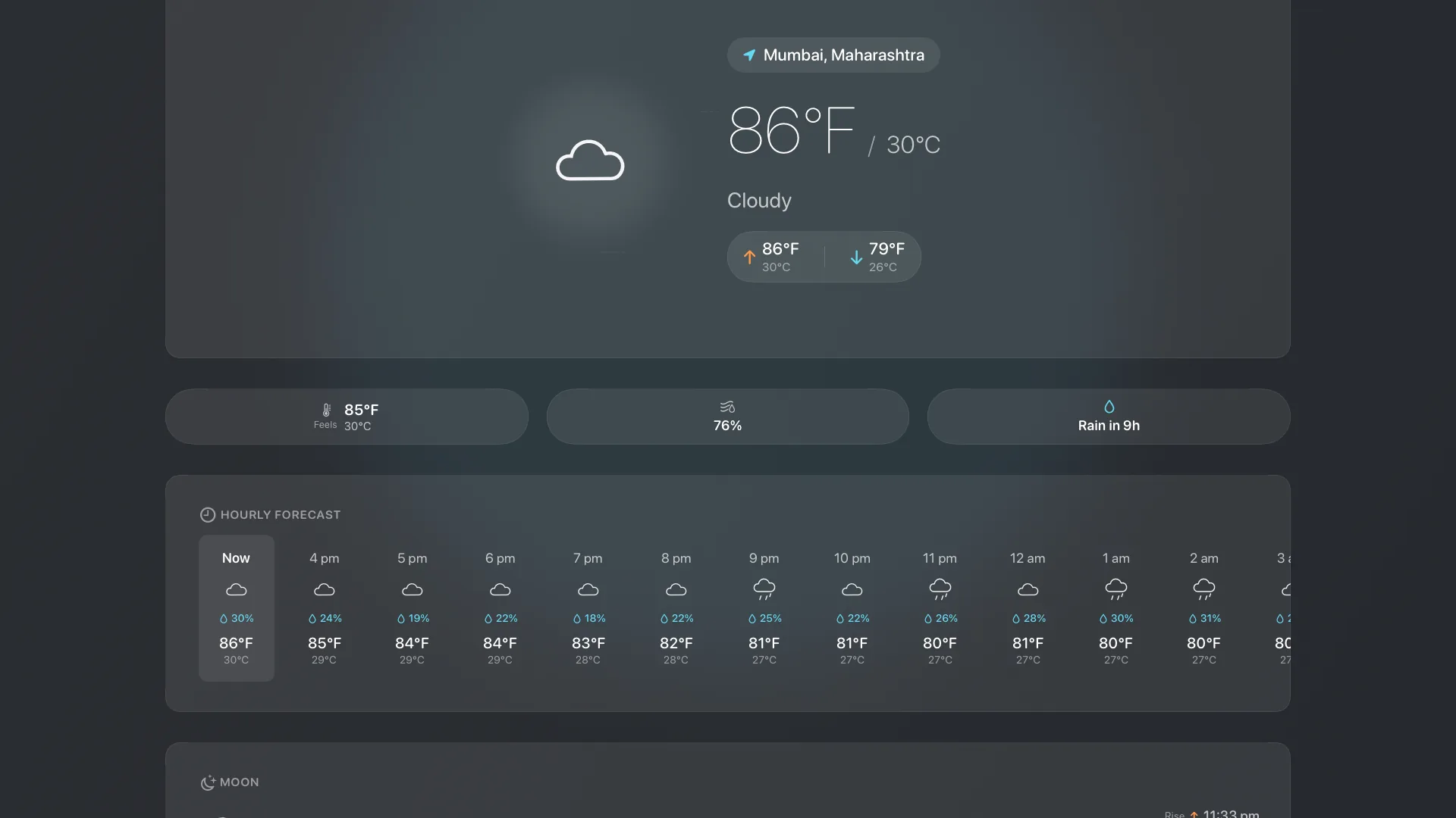 Apple TV hourly forecast with precipitation chance in every cell