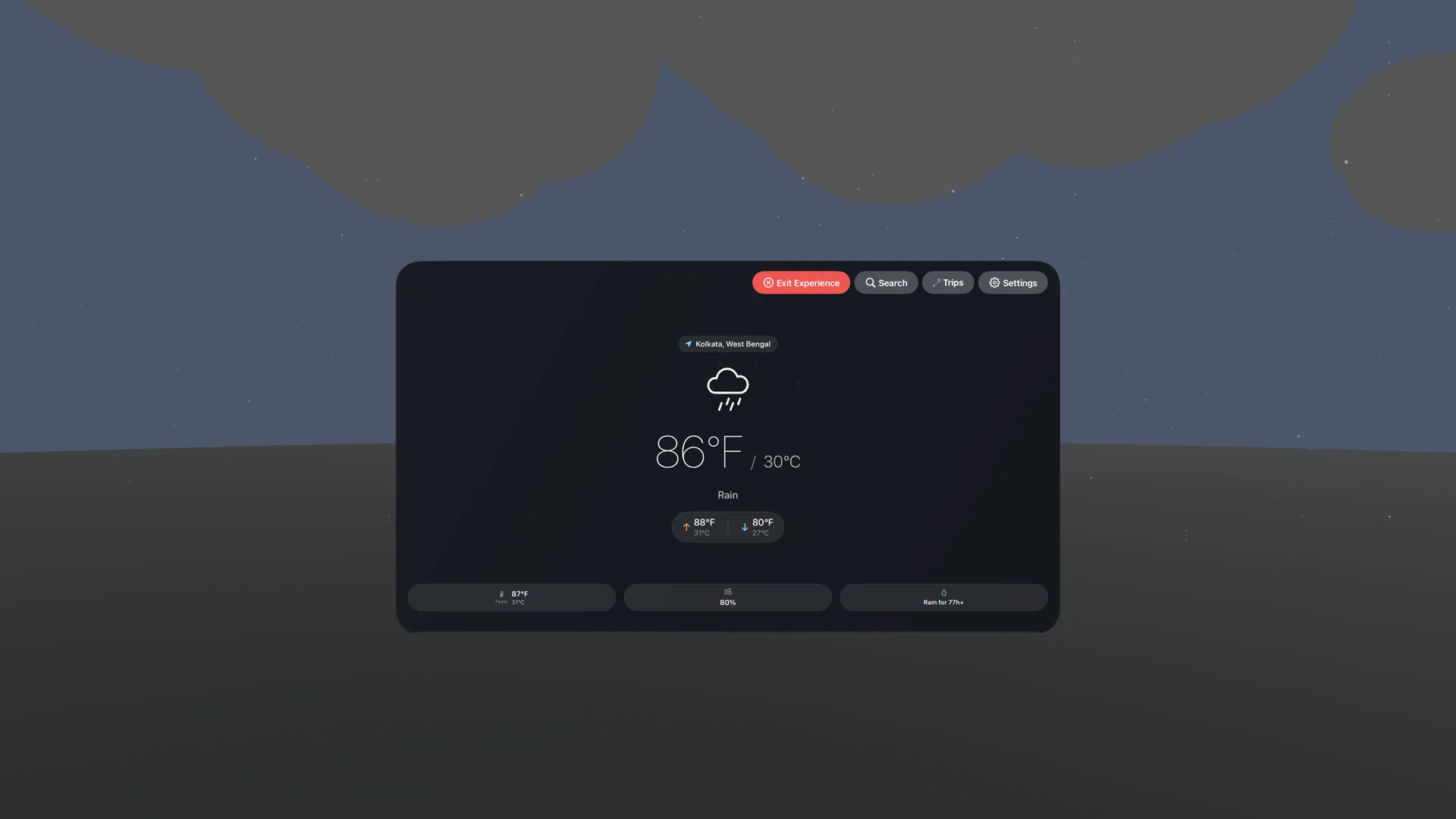 Apple Vision Pro immersive rain environment over Kolkata