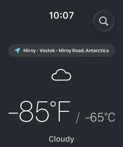 Apple Watch forecast at minus 85 degrees Fahrenheit and minus 65 degrees Celsius