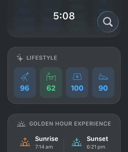 Apple Watch lifestyle indexes above golden hour times