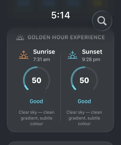 Apple Watch golden hour experience with sunrise and sunset ratings