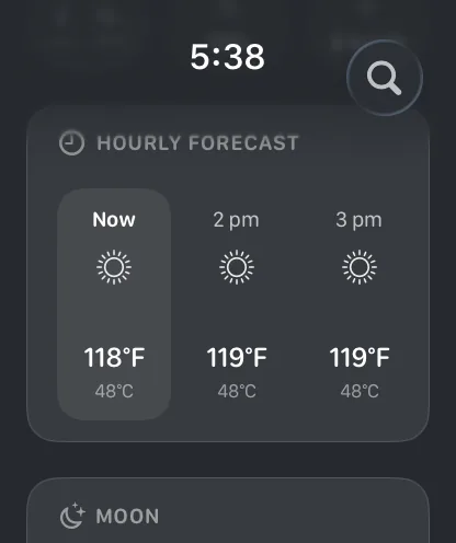 Apple Watch hourly forecast with three-digit Fahrenheit in every cell