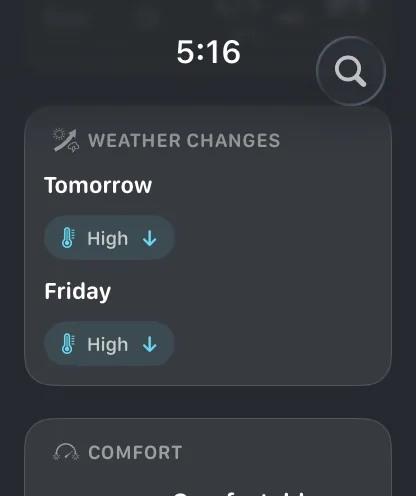 Apple Watch weather changes card summarising what is shifting today