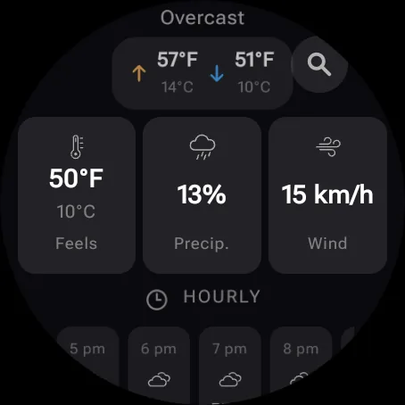 Wear OS feels-like, precipitation chance and wind readings