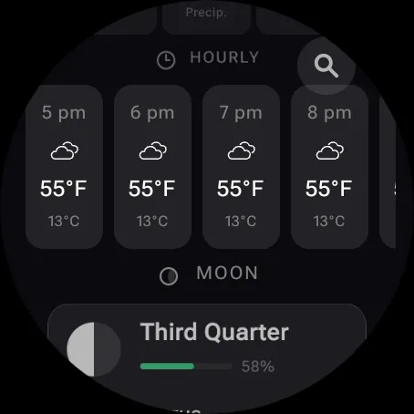 Wear OS hourly forecast in both units above the moon phase