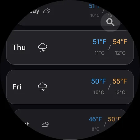 Wear OS seven-day forecast with every high and low in both units