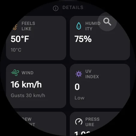 Wear OS detail tiles with feels-like in both units, humidity, wind and UV index