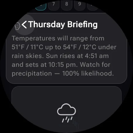 Wear OS day briefing describing the day's temperature range in both units